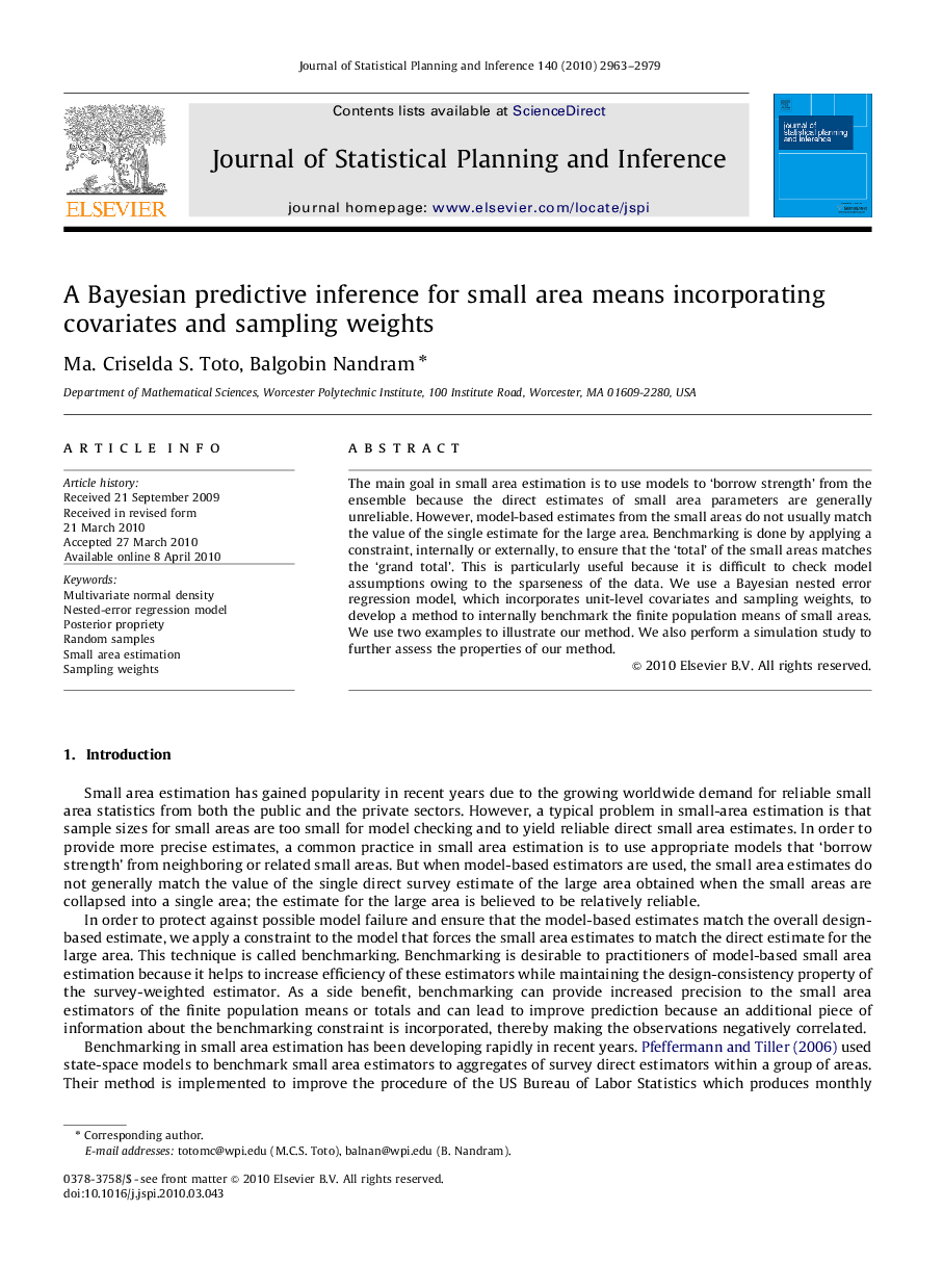 A Bayesian predictive inference for small area means incorporating covariates and sampling weights