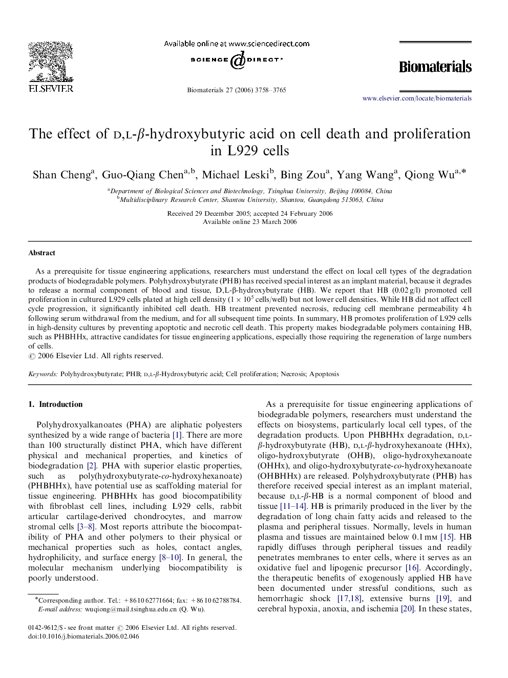 The effect of d,l-β-hydroxybutyric acid on cell death and proliferation in L929 cells