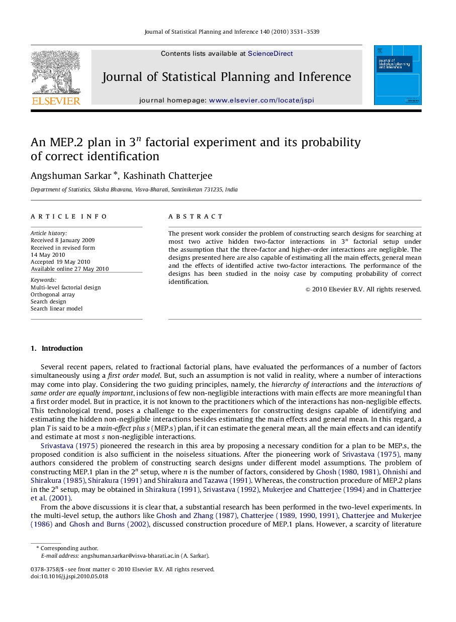 An MEP.2 plan in 3n factorial experiment and its probability of correct identification