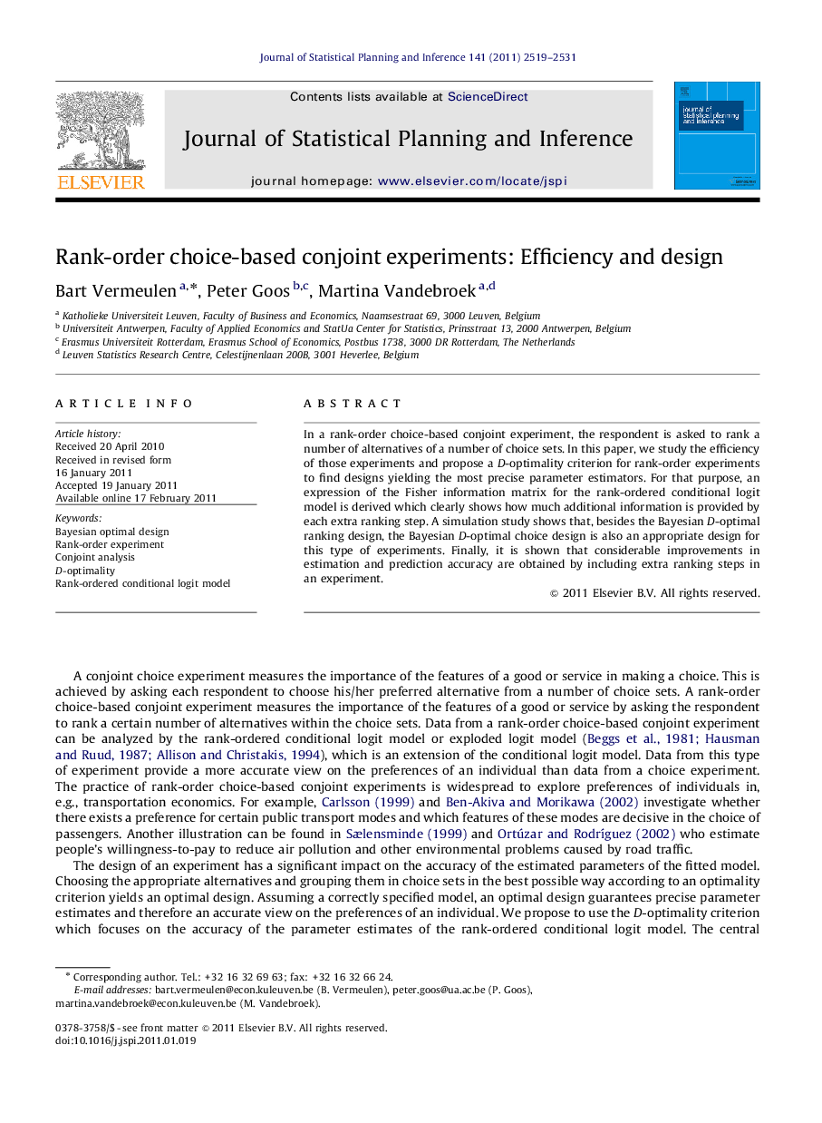عکس صفحه اول مقاله: Rank-order choice-based conjoint experiments: Efficiency and design Rank-order choice-based conjoint experiments: Efficiency and design