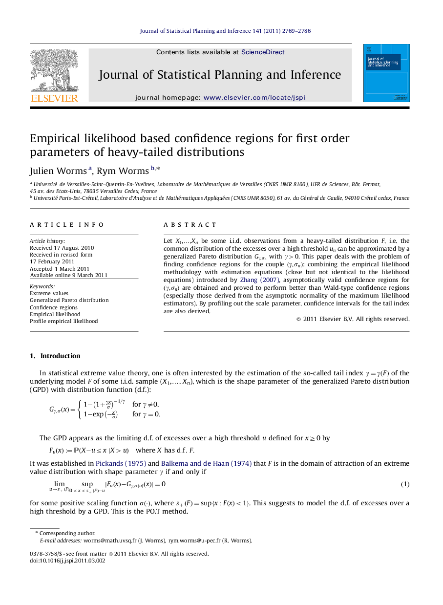 Empirical likelihood based confidence regions for first order parameters of heavy-tailed distributions