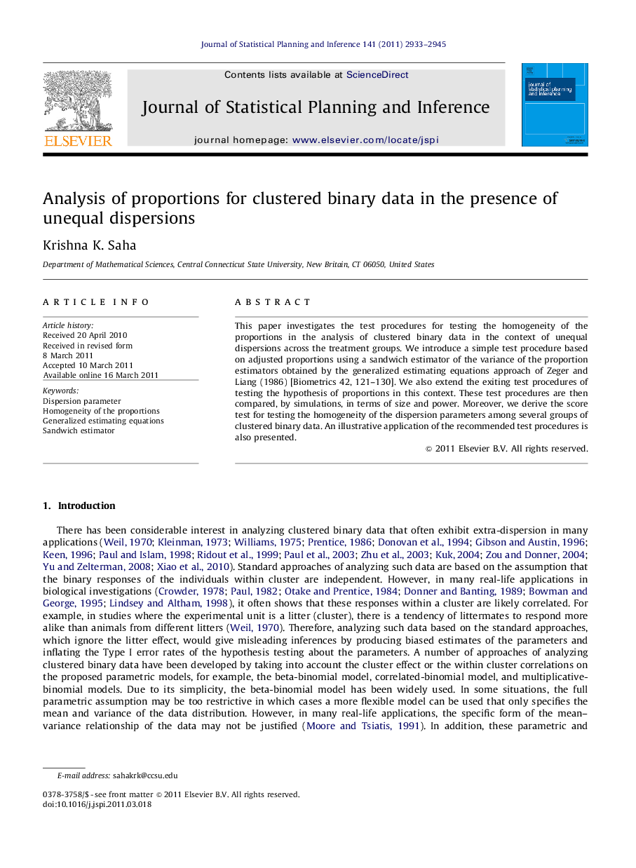 Analysis of proportions for clustered binary data in the presence of unequal dispersions