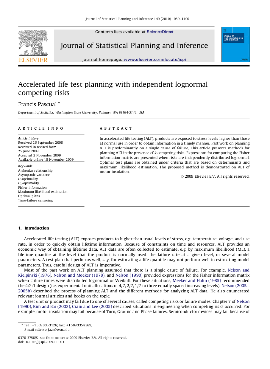 عکس صفحه اول مقاله: Accelerated life test planning with independent lognormal competing risks Accelerated life test planning with independent lognormal competing risks