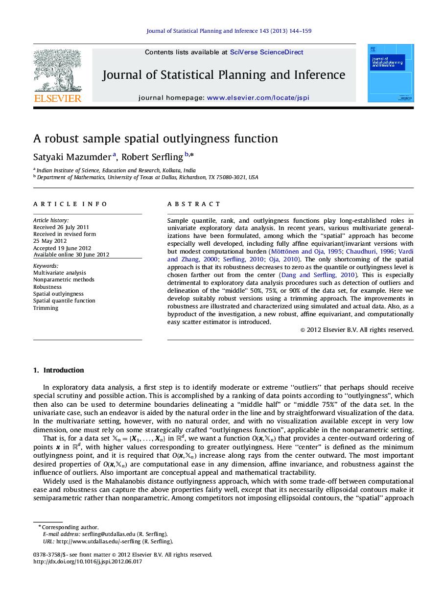 A robust sample spatial outlyingness function