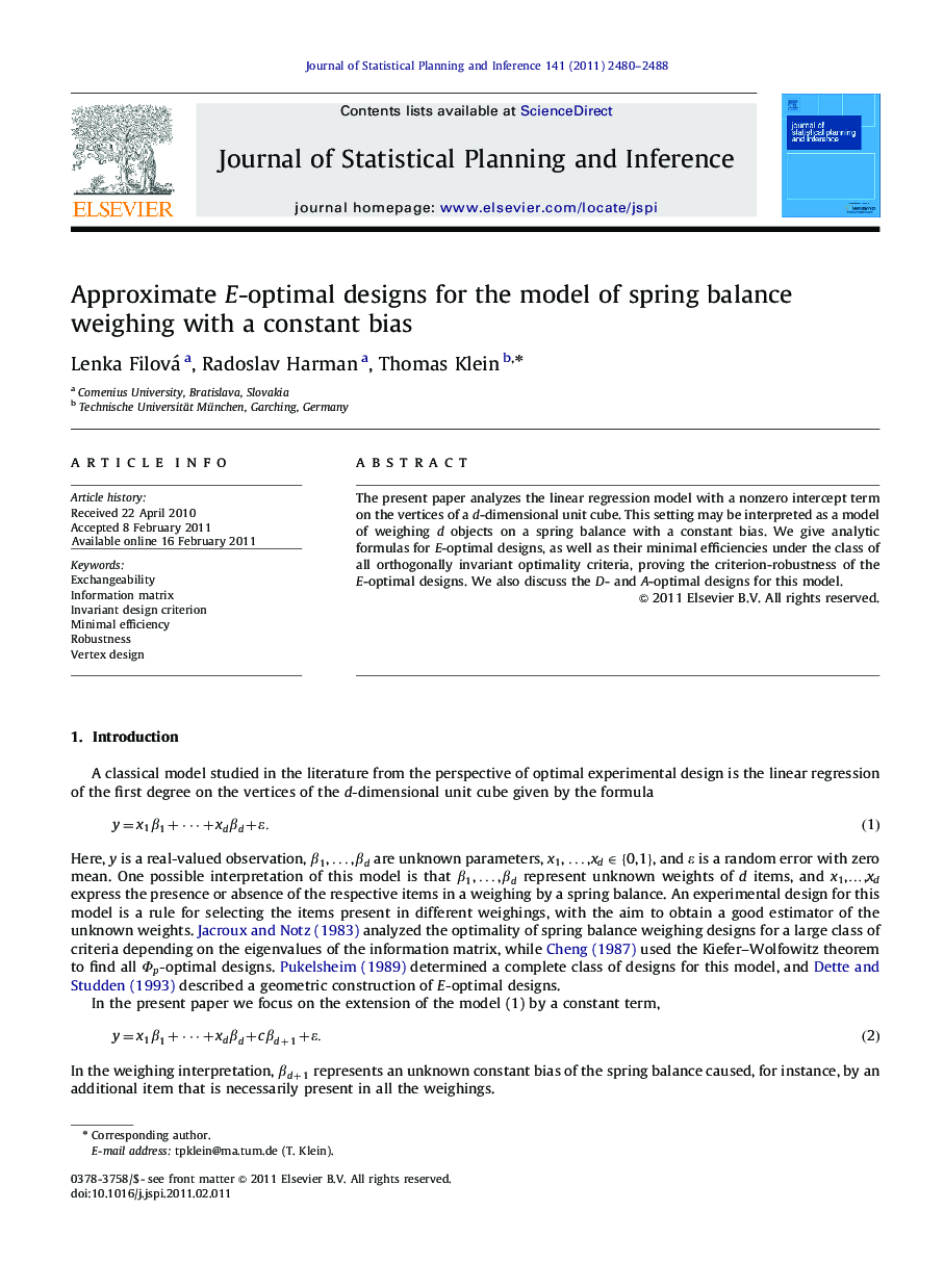 Approximate E-optimal designs for the model of spring balance weighing with a constant bias