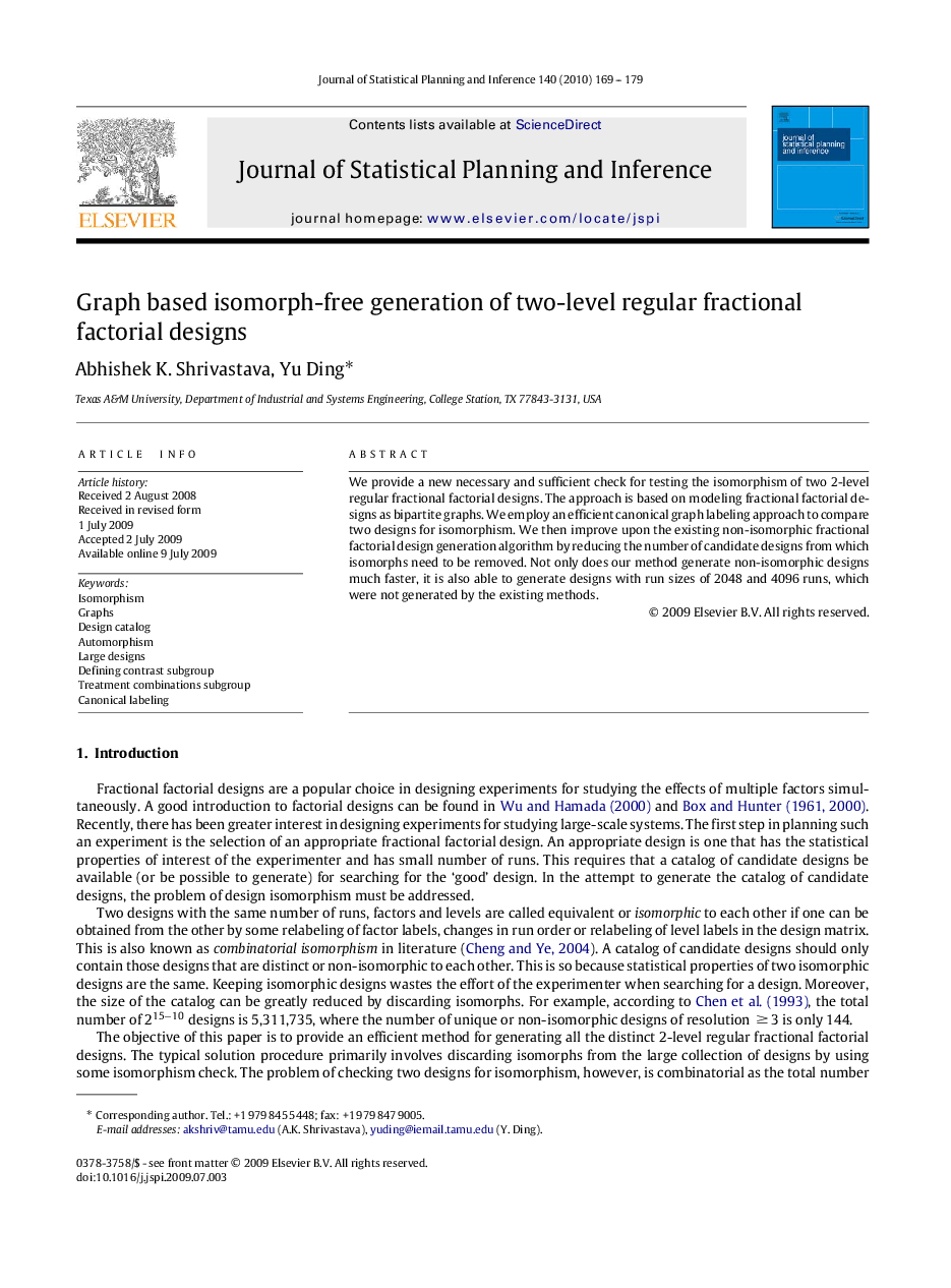عکس صفحه اول مقاله: Graph based isomorph-free generation of two-level regular fractional factorial designs Graph based isomorph-free generation of two-level regular fractional factorial designs