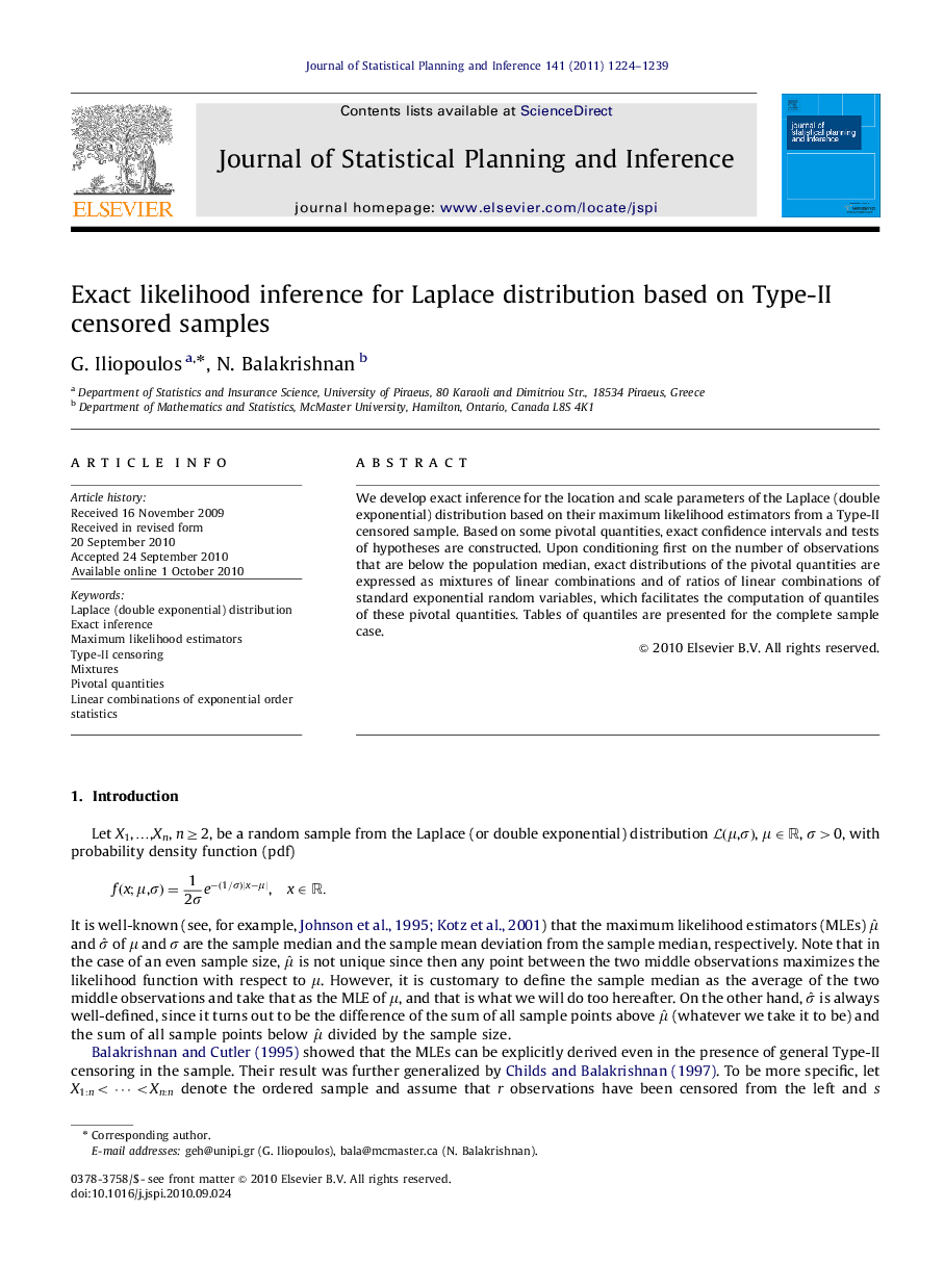 Exact likelihood inference for Laplace distribution based on Type-II censored samples