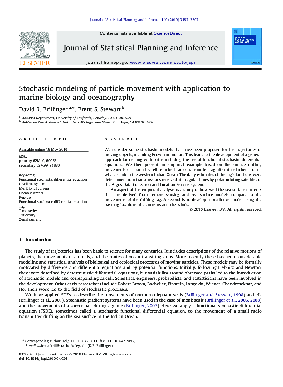 Stochastic modeling of particle movement with application to marine biology and oceanography