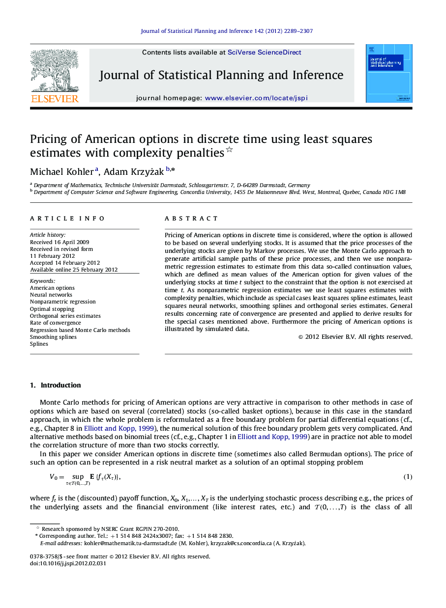 Pricing of American options in discrete time using least squares estimates with complexity penalties 