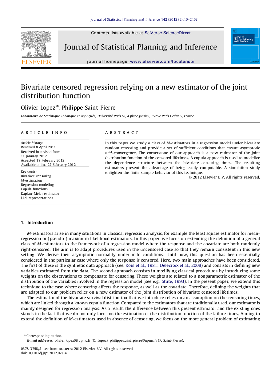 Bivariate censored regression relying on a new estimator of the joint distribution function