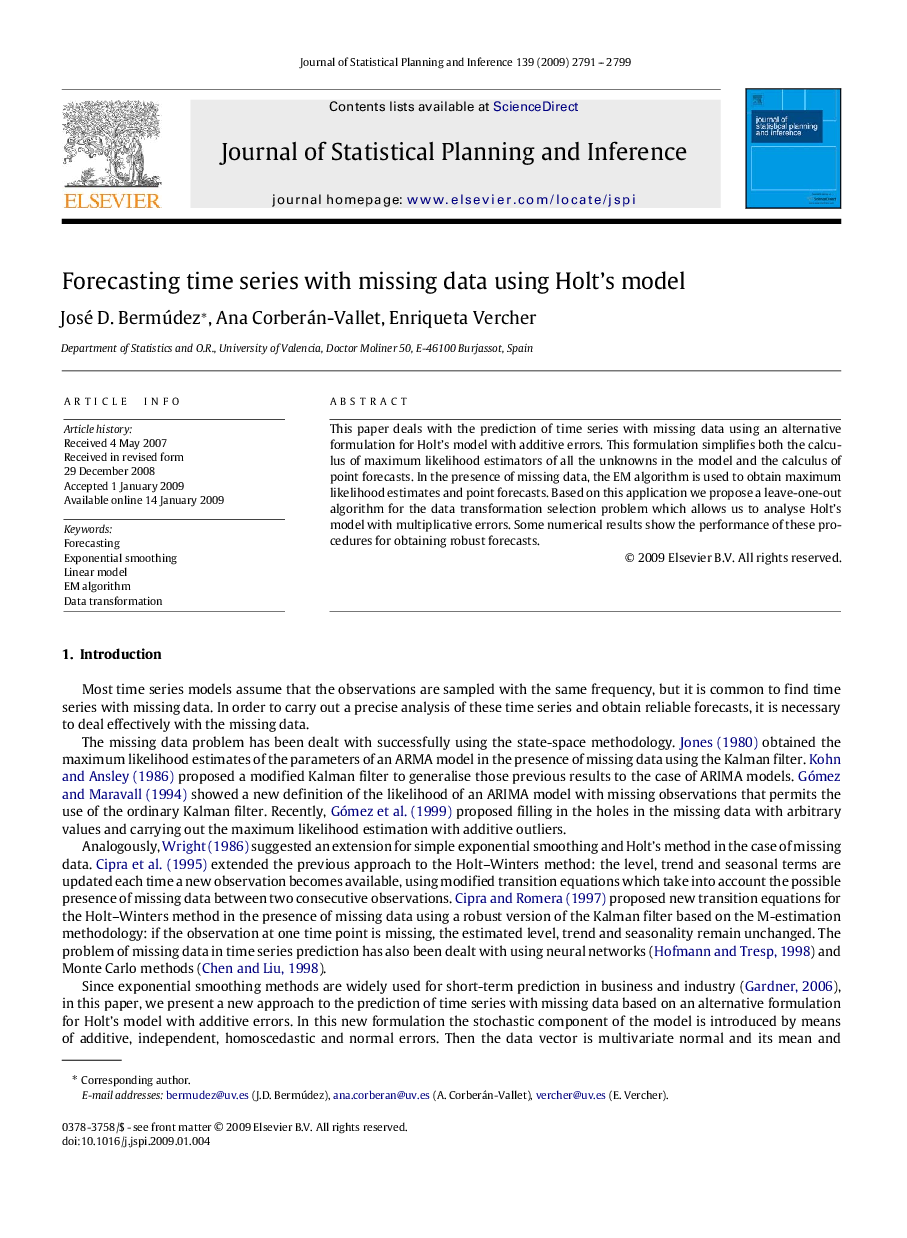 Forecasting time series with missing data using Holt's model