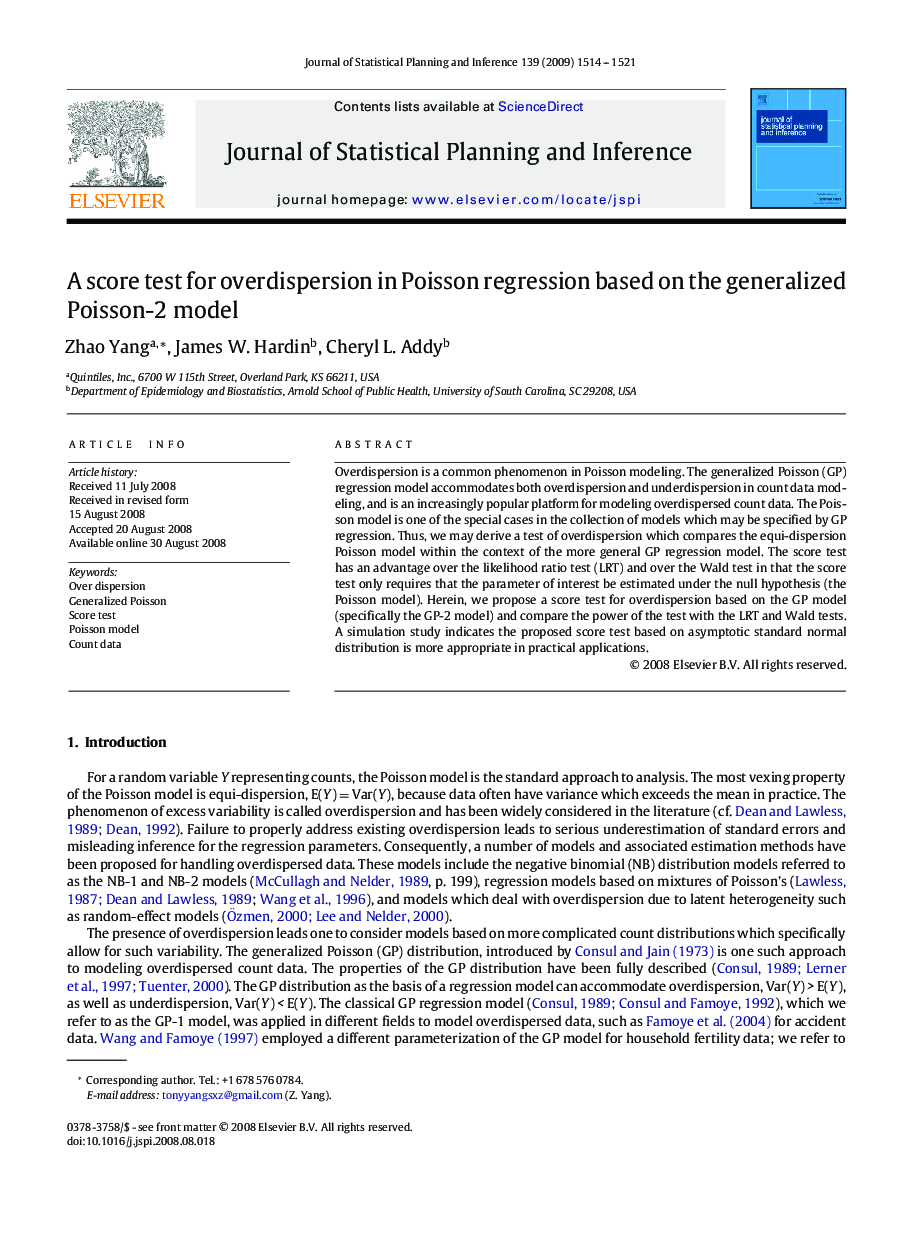 A score test for overdispersion in Poisson regression based on the generalized Poisson-2 model