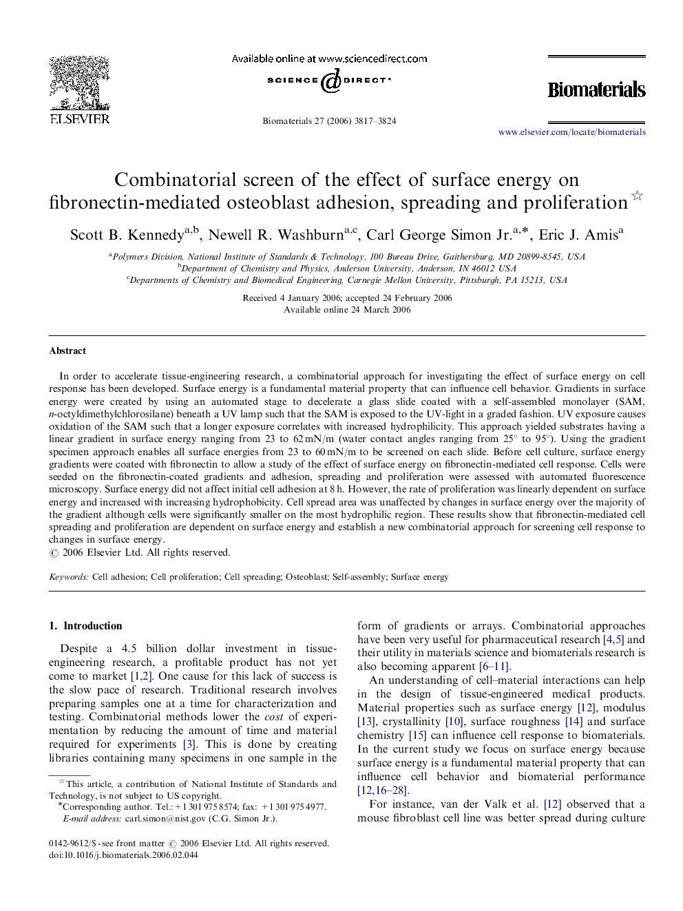 Combinatorial screen of the effect of surface energy on fibronectin-mediated osteoblast adhesion, spreading and proliferation 