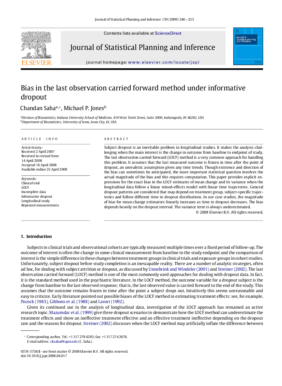 Bias in the last observation carried forward method under informative dropout