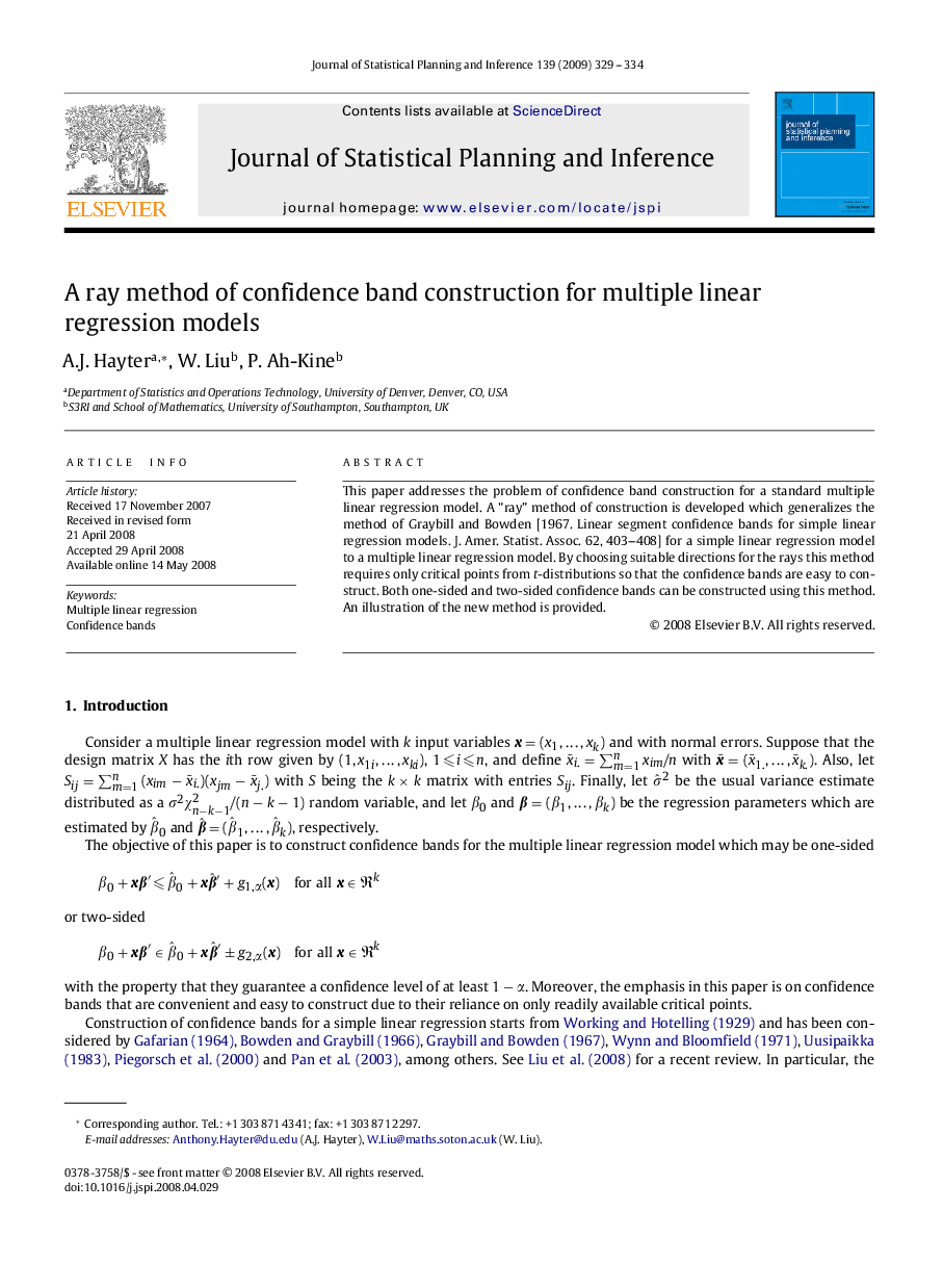 A ray method of confidence band construction for multiple linear regression models