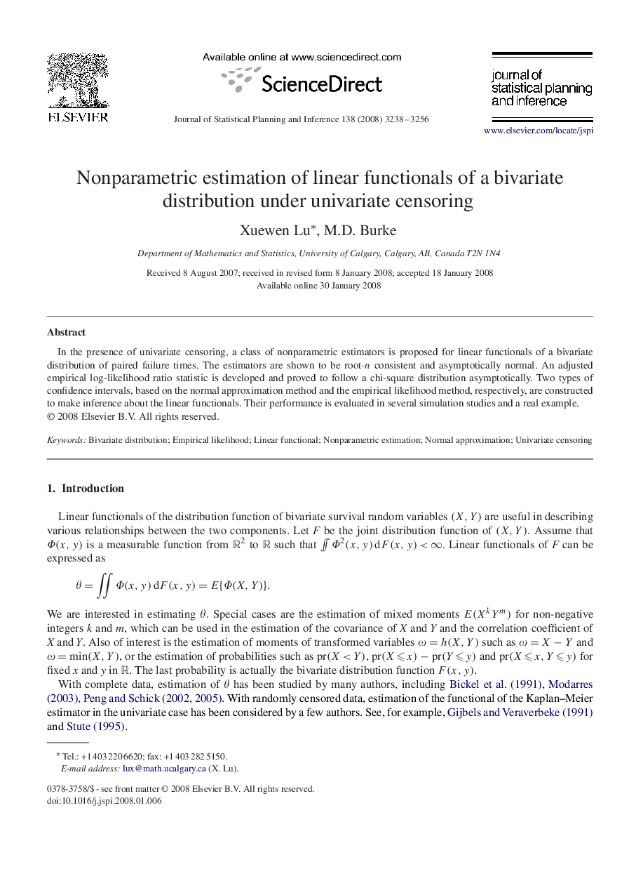 Nonparametric estimation of linear functionals of a bivariate distribution under univariate censoring