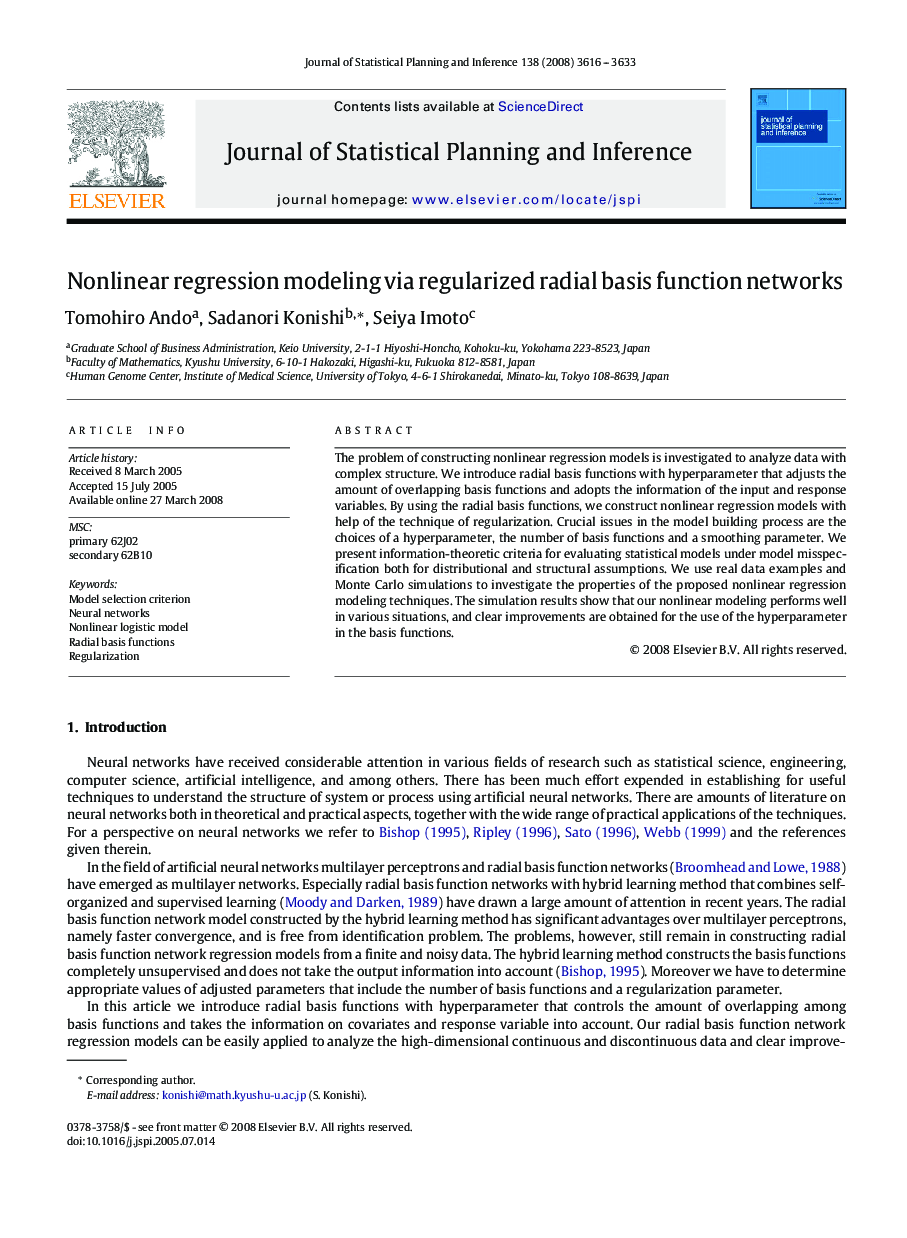 Nonlinear regression modeling via regularized radial basis function networks