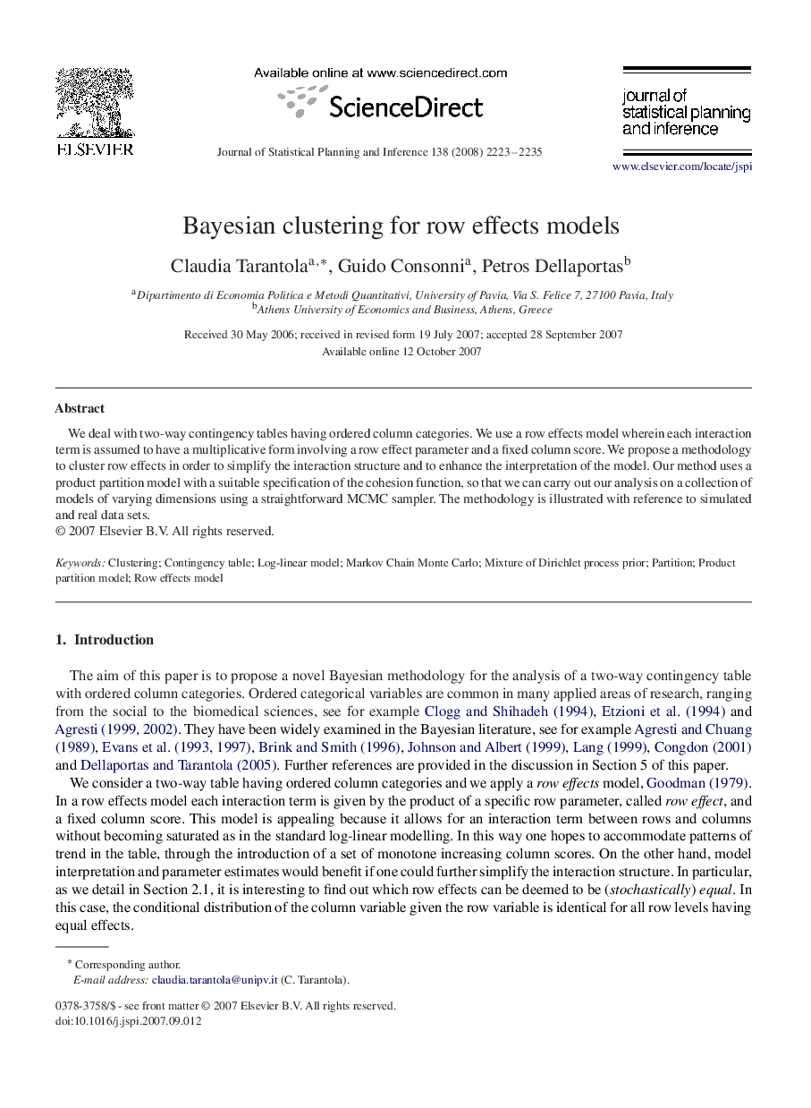 Bayesian clustering for row effects models