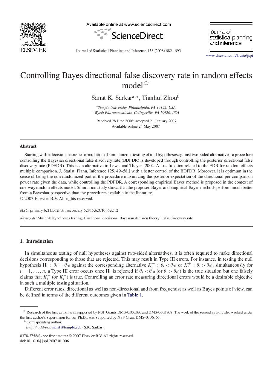 Controlling Bayes directional false discovery rate in random effects model