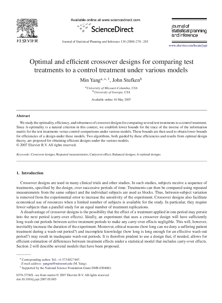 Optimal and efficient crossover designs for comparing test treatments to a control treatment under various models