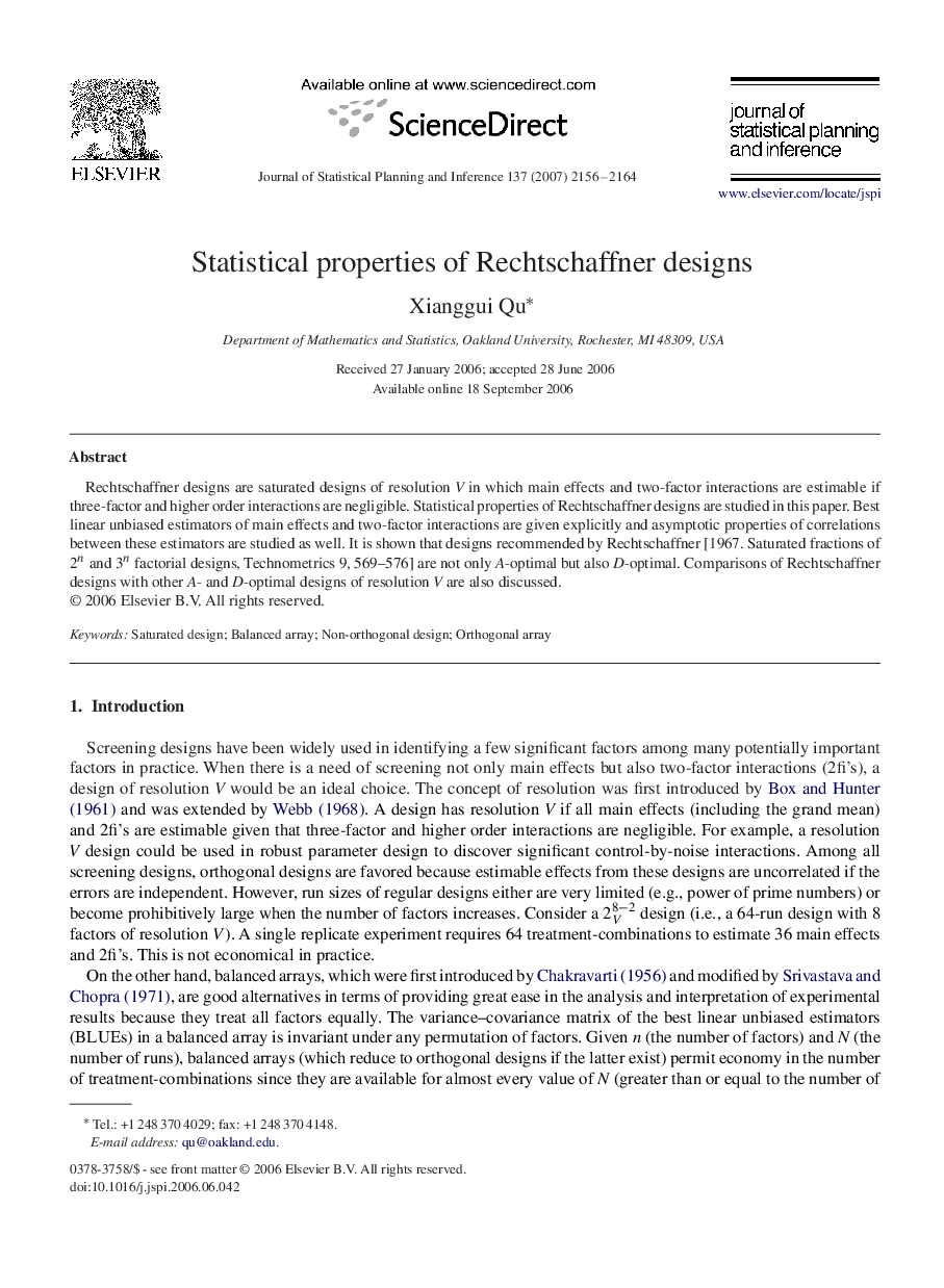 Statistical properties of Rechtschaffner designs