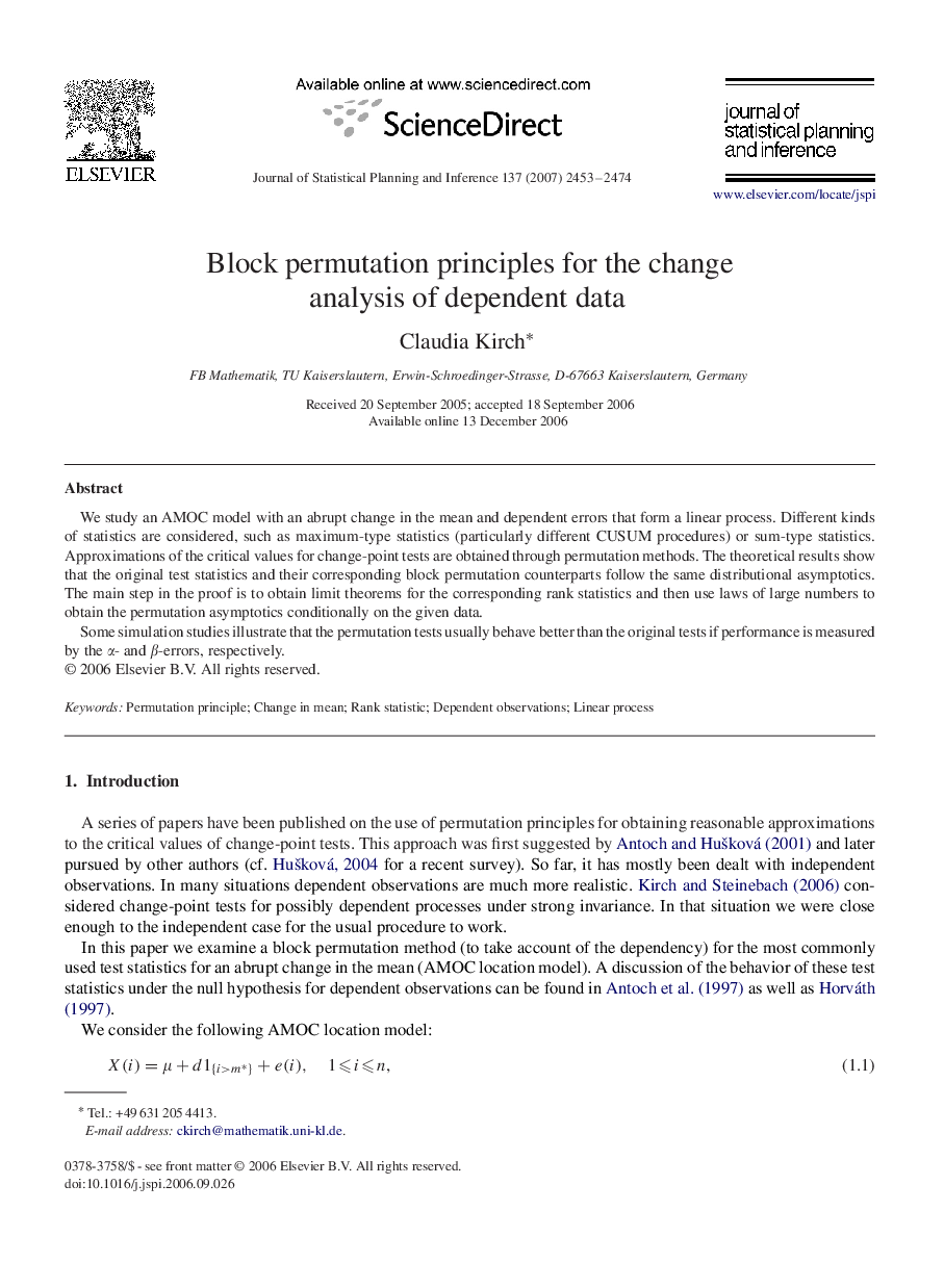 Block permutation principles for the change analysis of dependent data