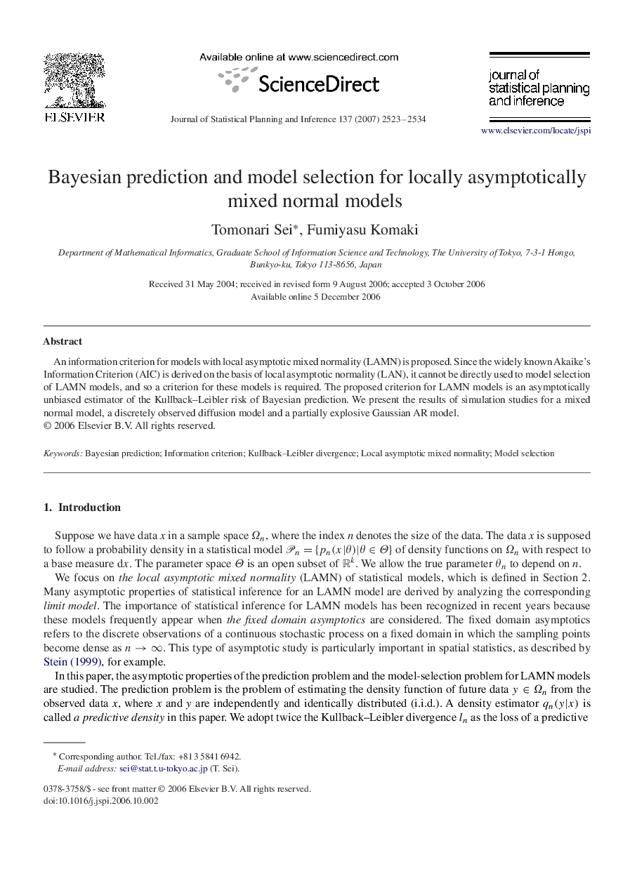 Bayesian prediction and model selection for locally asymptotically mixed normal models