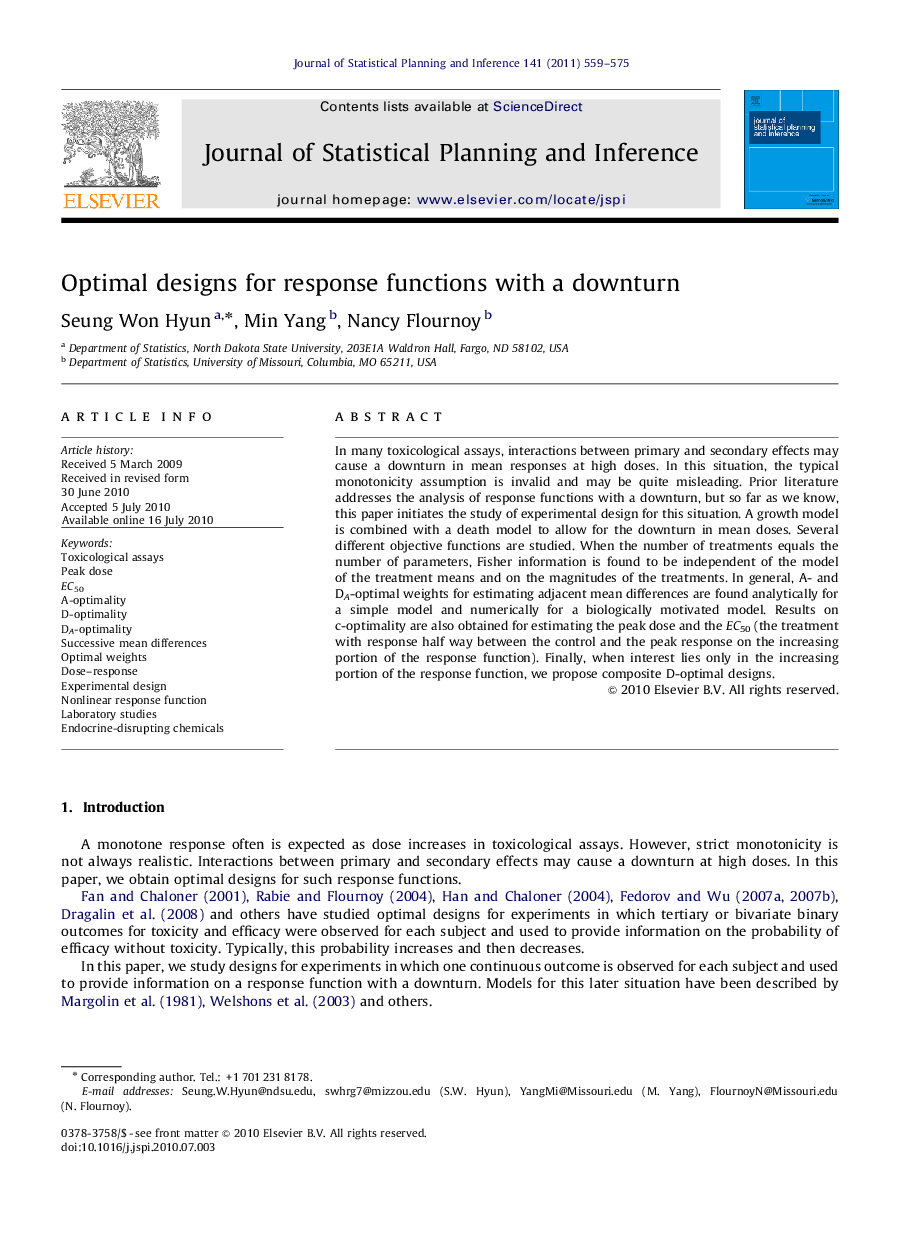 عکس صفحه اول مقاله: Optimal designs for response functions with a downturn Optimal designs for response functions with a downturn