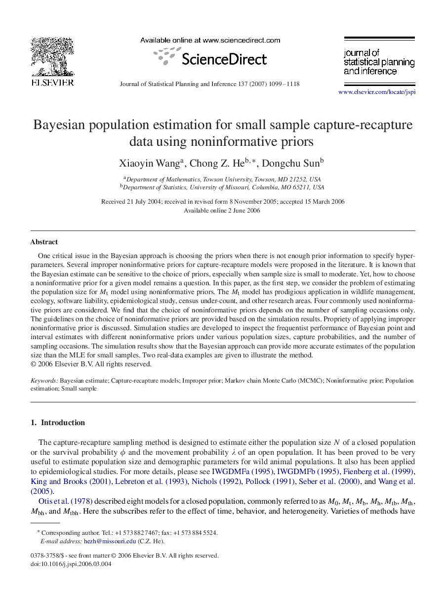 Bayesian population estimation for small sample capture-recapture data using noninformative priors