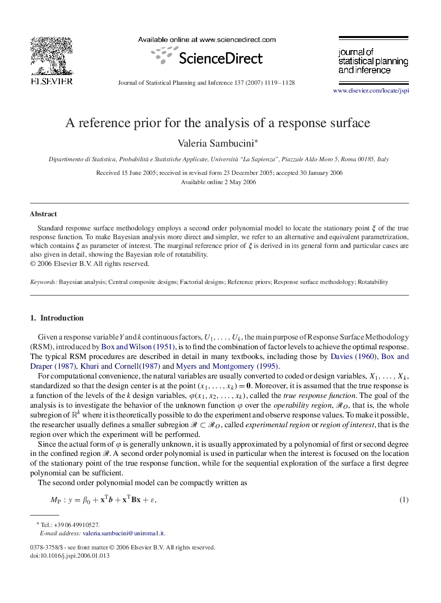 A reference prior for the analysis of a response surface