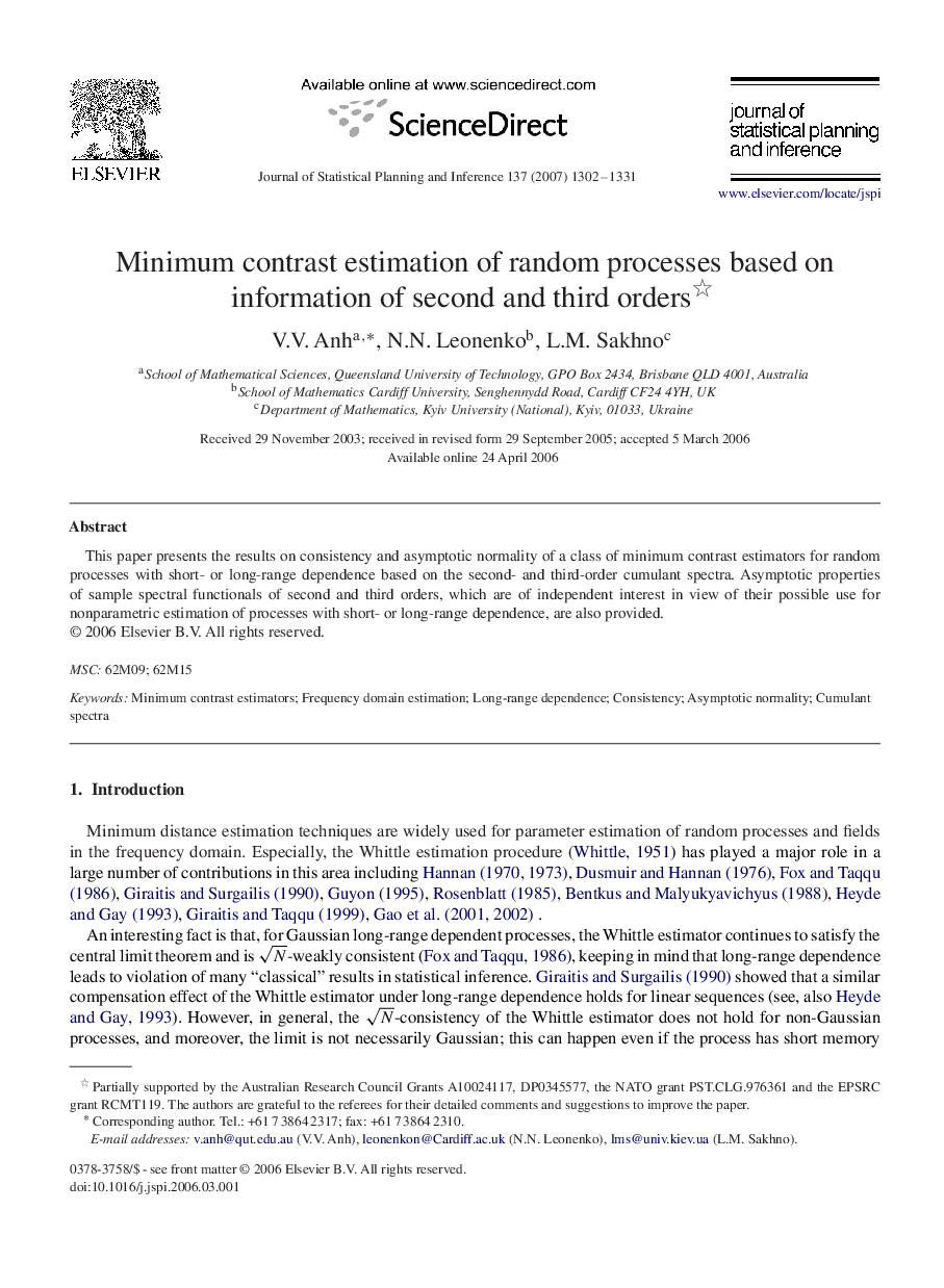 Minimum contrast estimation of random processes based on information of second and third orders 