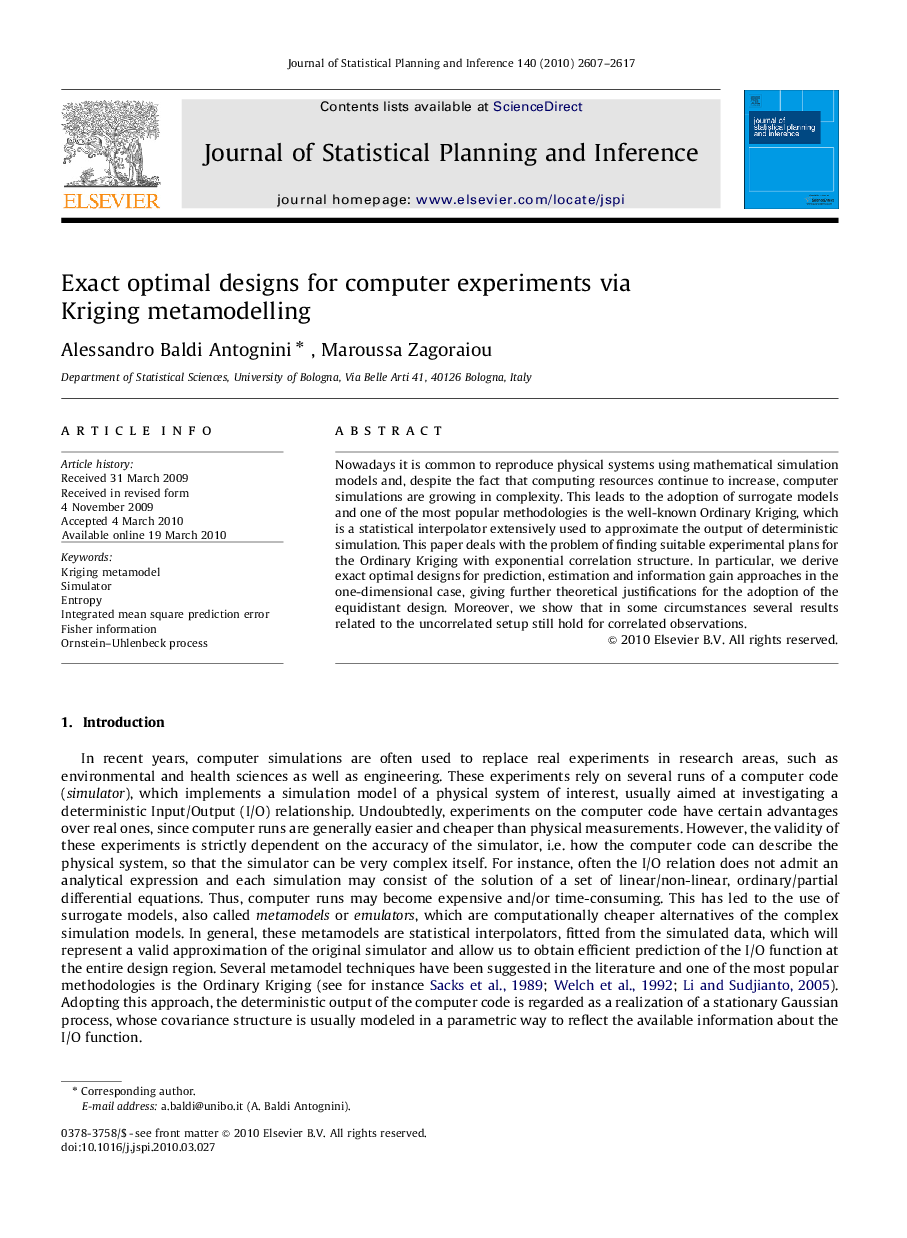 Exact optimal designs for computer experiments via Kriging metamodelling