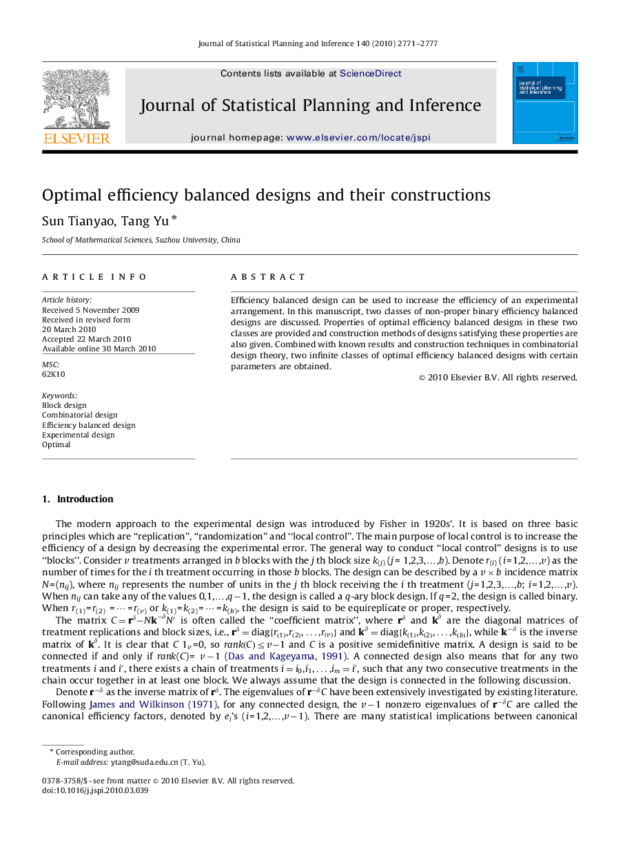 Optimal efficiency balanced designs and their constructions