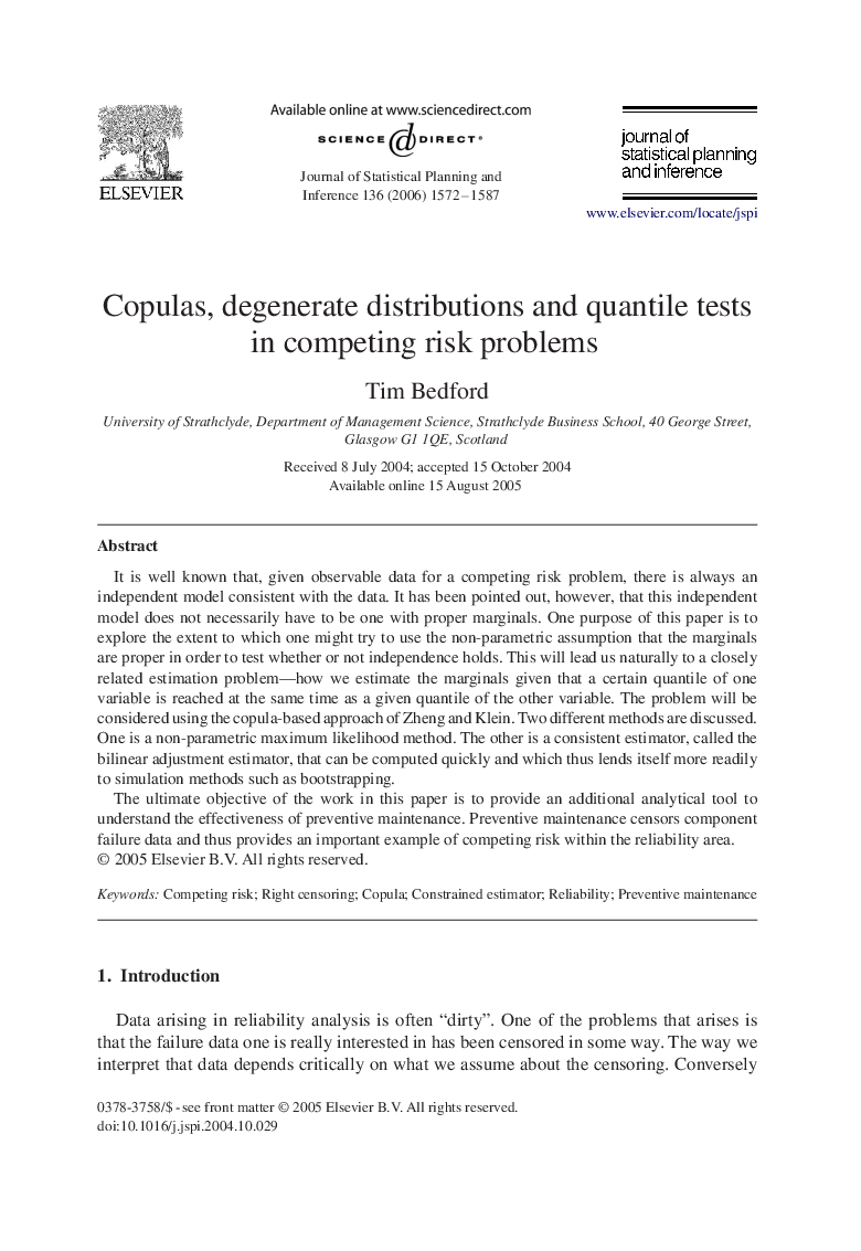 Copulas, degenerate distributions and quantile tests in competing risk problems