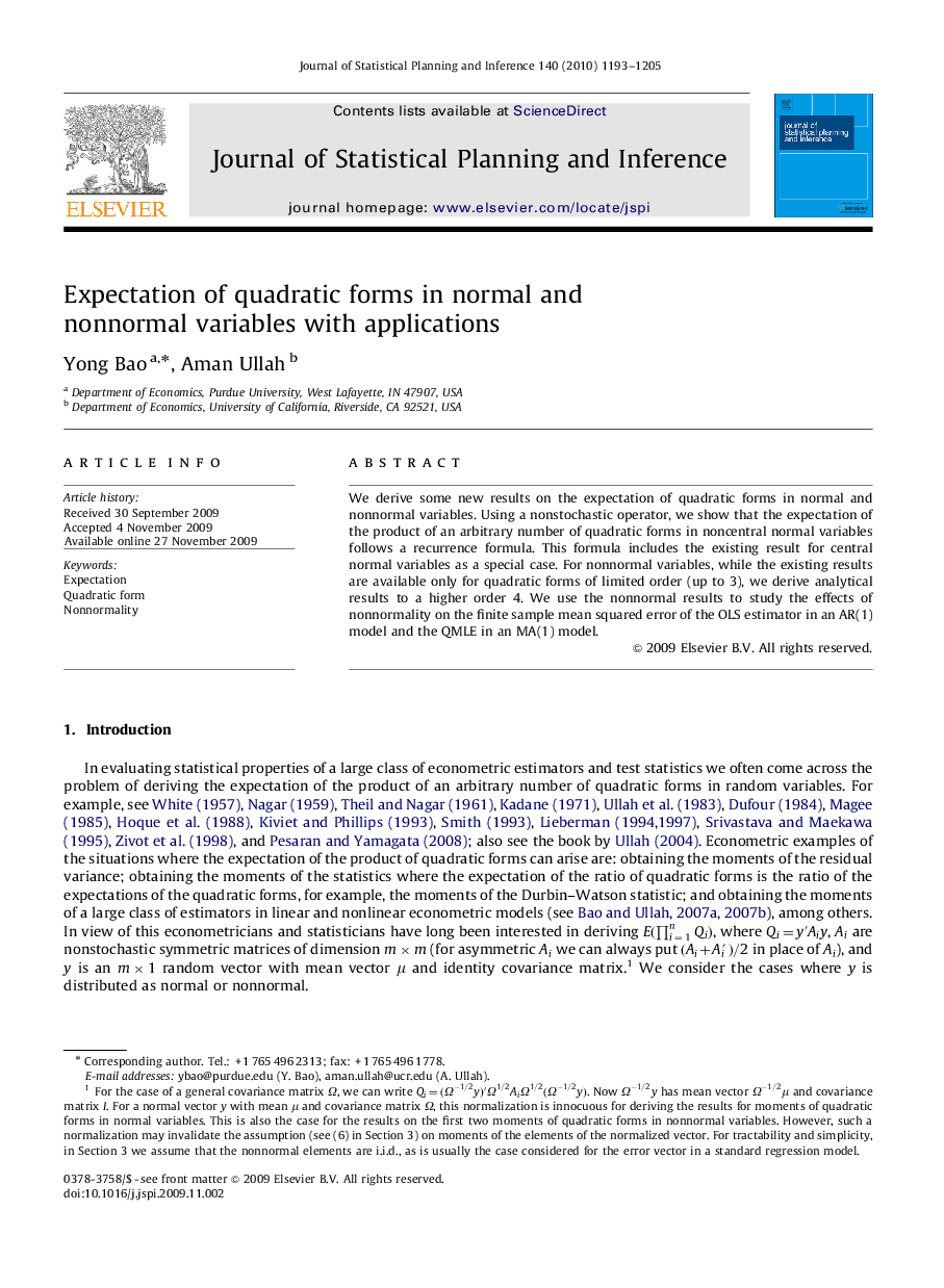 Expectation of quadratic forms in normal and nonnormal variables with applications