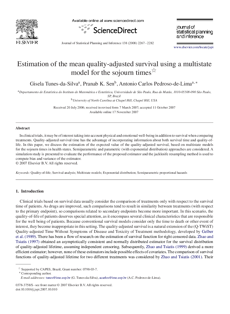 Estimation of the mean quality-adjusted survival using a multistate model for the sojourn times