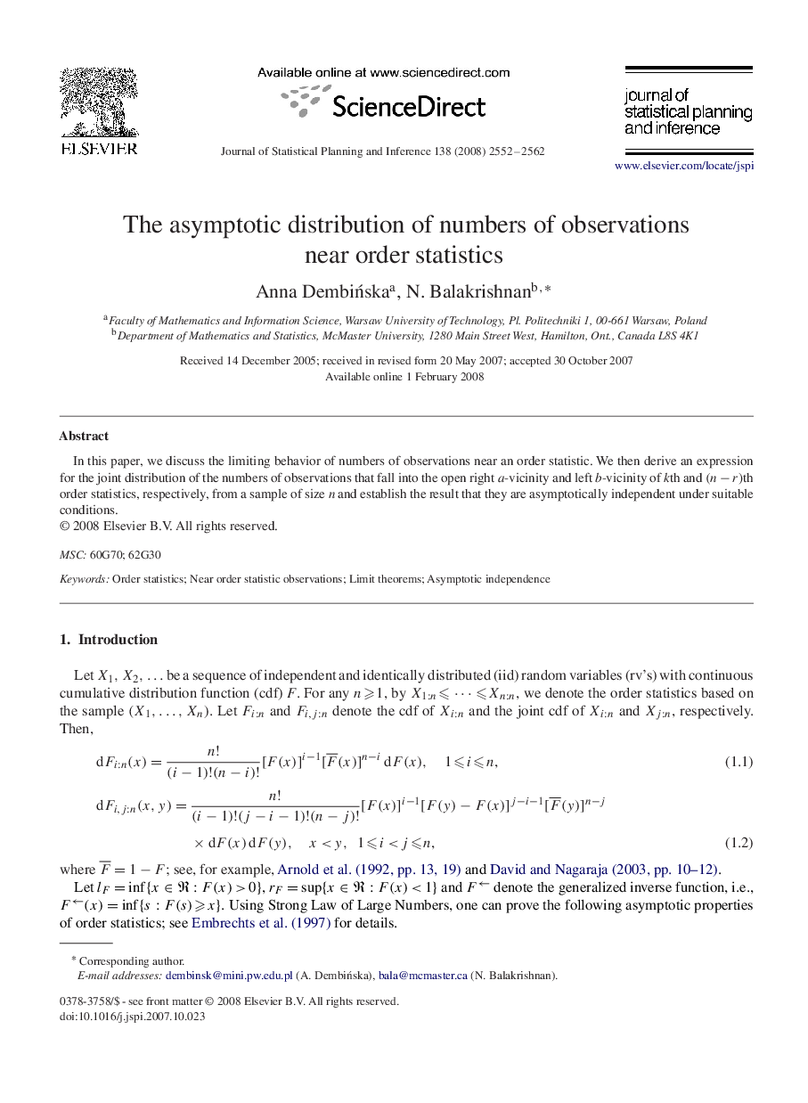 The asymptotic distribution of numbers of observations near order statistics