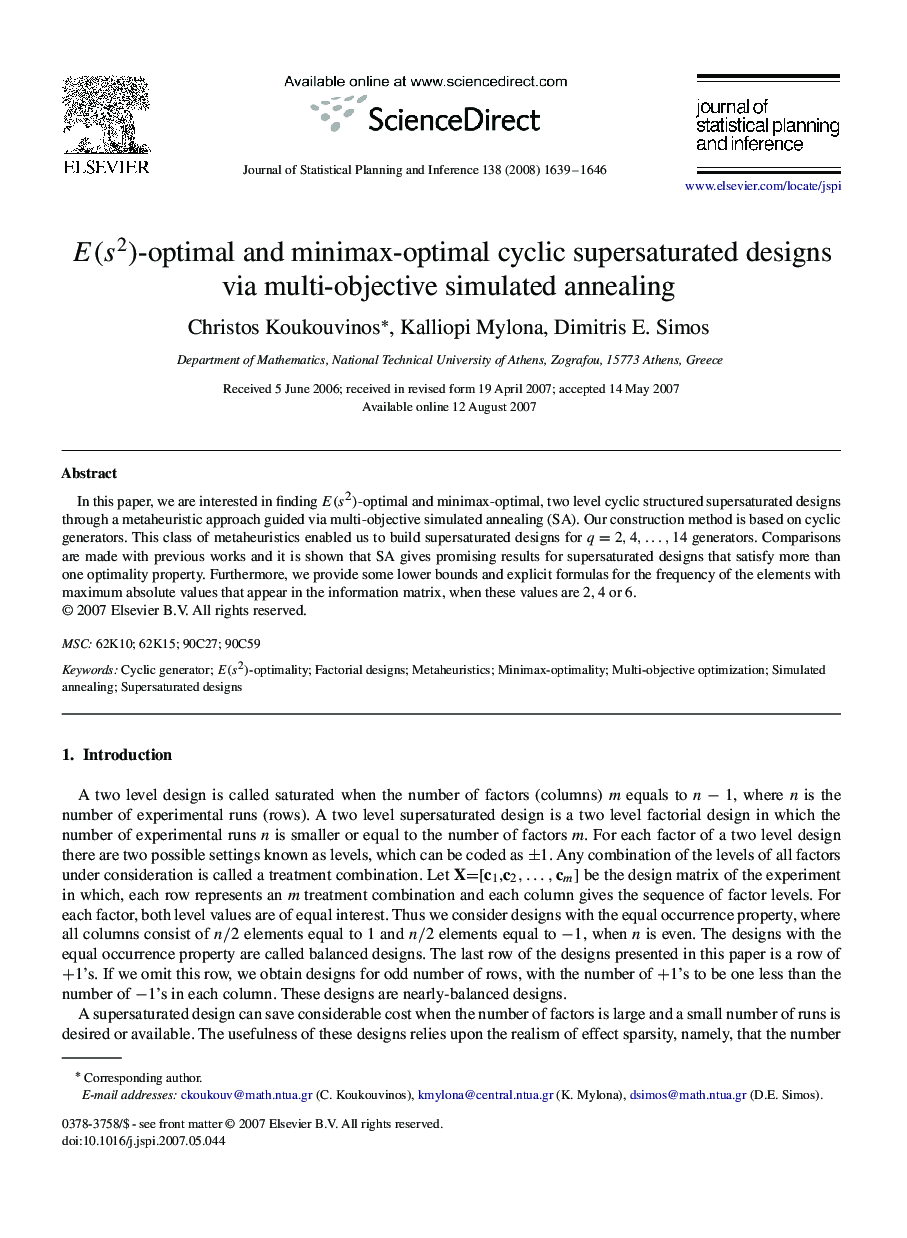 E(s2)-optimal and minimax-optimal cyclic supersaturated designs via multi-objective simulated annealing