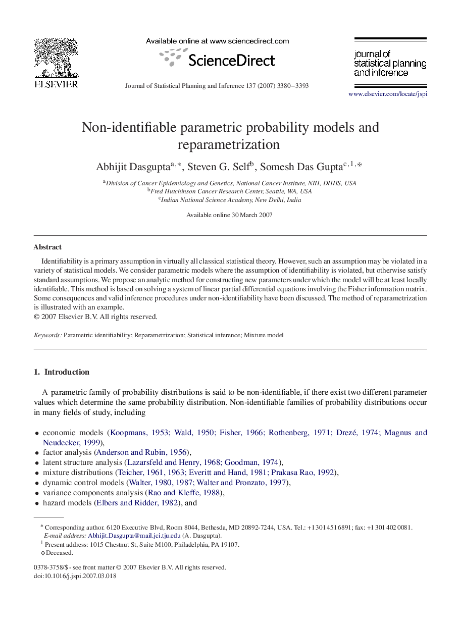 Non-identifiable parametric probability models and reparametrization