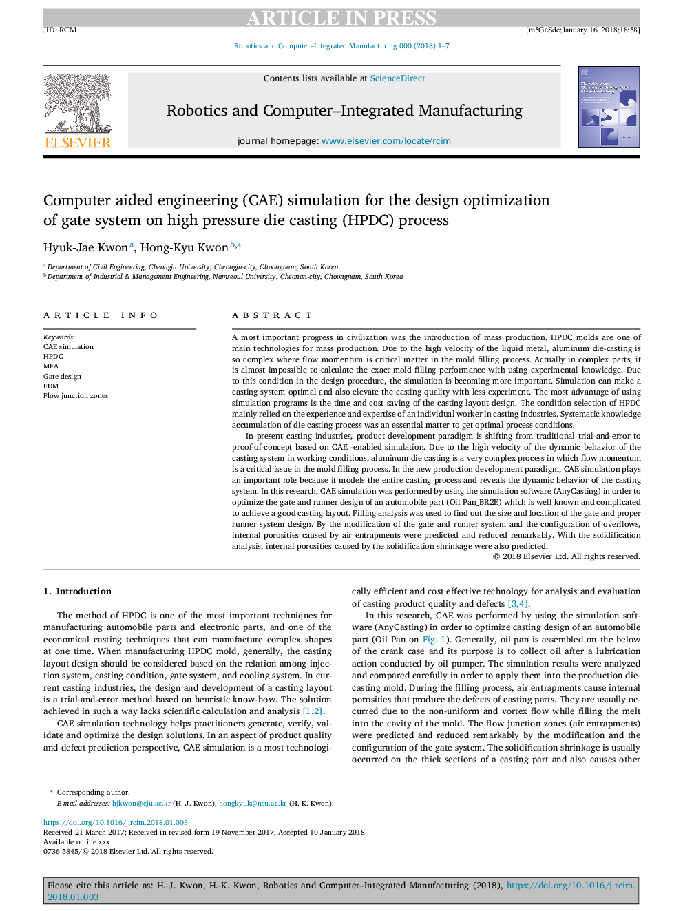 Computer aided engineering (CAE) simulation for the design optimization of gate system on high pressure die casting (HPDC) process