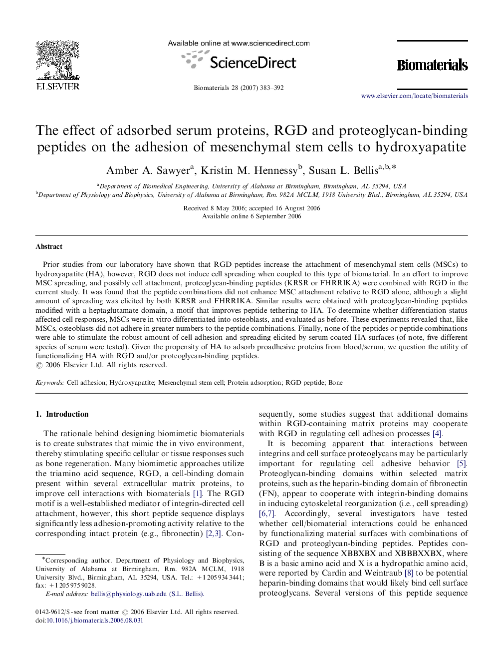 The effect of adsorbed serum proteins, RGD and proteoglycan-binding peptides on the adhesion of mesenchymal stem cells to hydroxyapatite