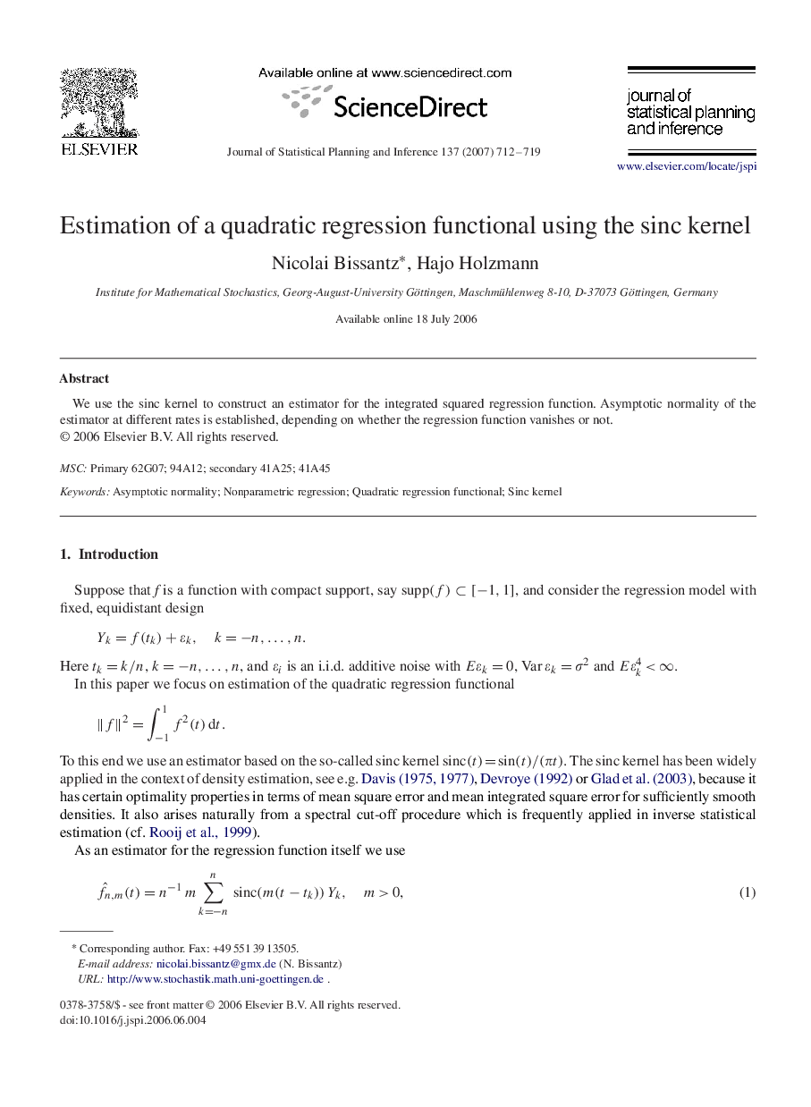 Estimation of a quadratic regression functional using the sinc kernel