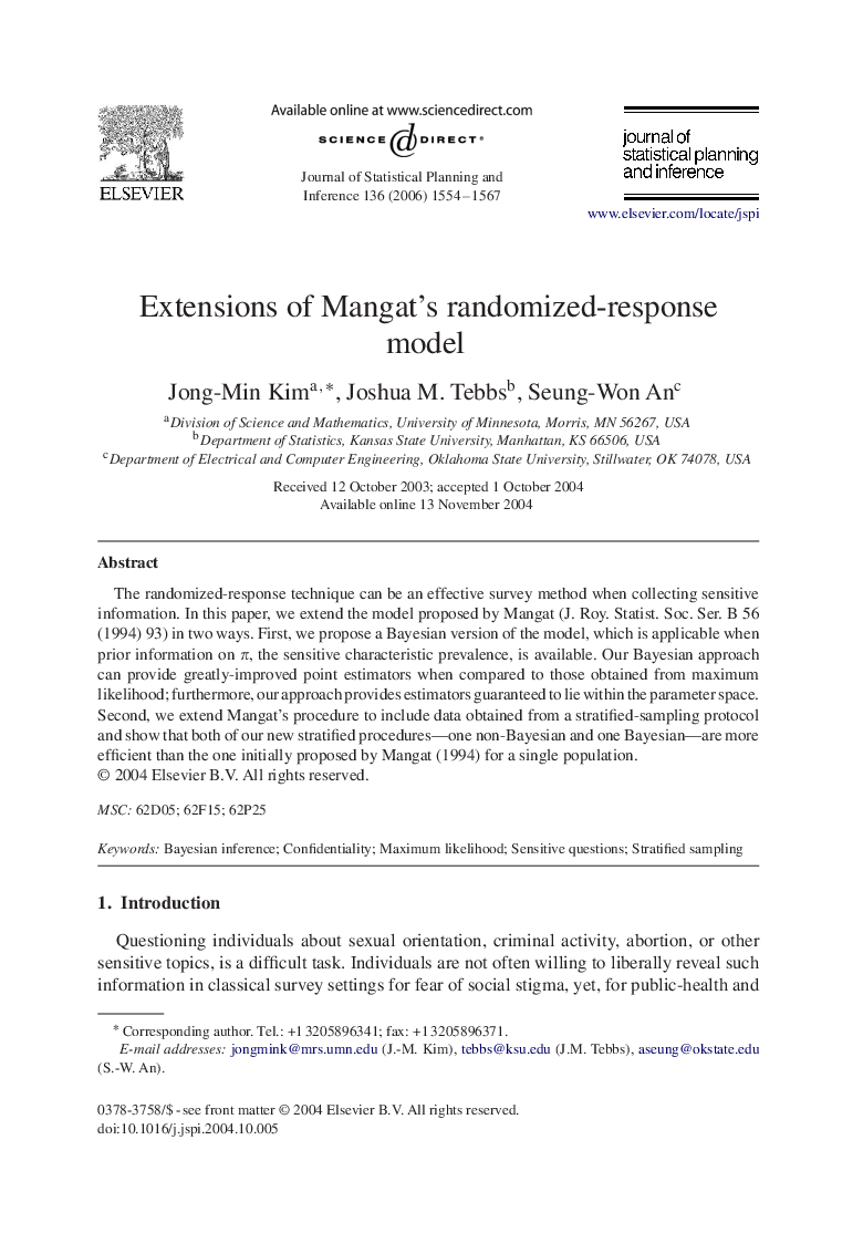 عکس صفحه اول مقاله: Extensions of Mangat's randomized-response model Extensions of Mangat's randomized-response model