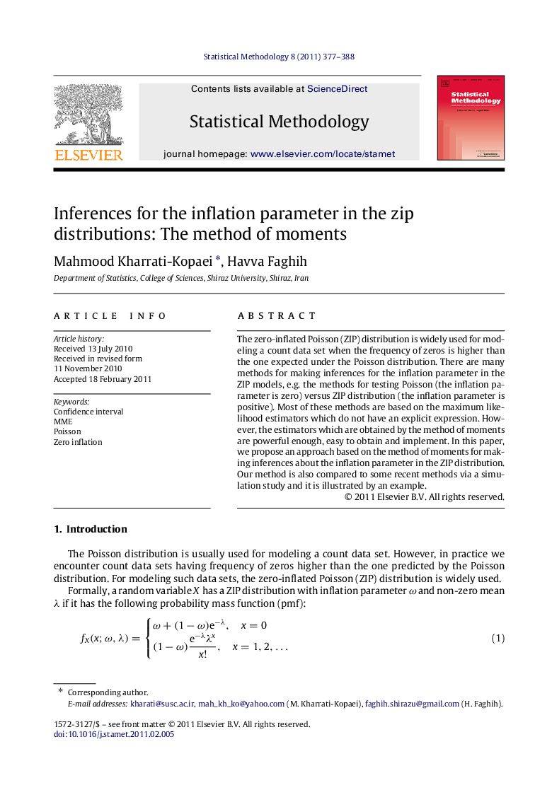 عکس صفحه اول مقاله: Inferences for the inflation parameter in the zip distributions: The method of moments Inferences for the inflation parameter in the zip distributions: The method of moments