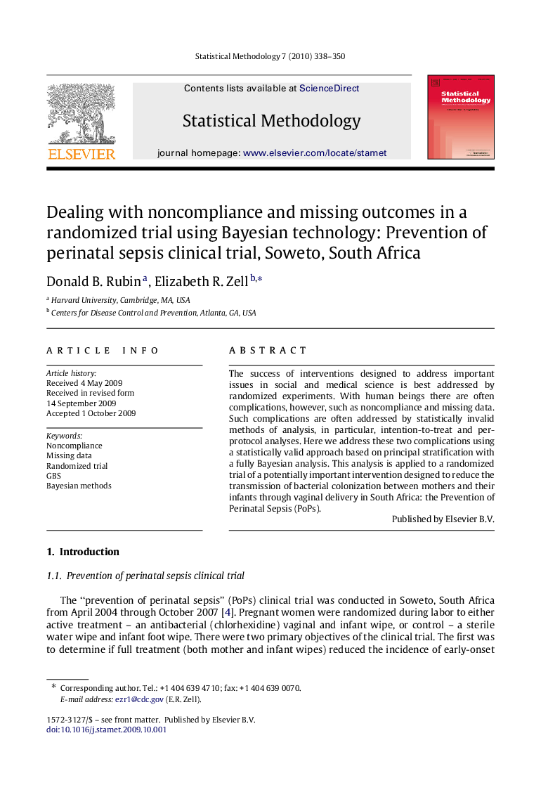 Dealing with noncompliance and missing outcomes in a randomized trial using Bayesian technology: Prevention of perinatal sepsis clinical trial, Soweto, South Africa