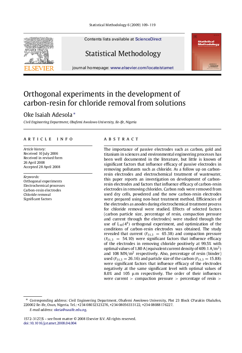 Orthogonal experiments in the development of carbon-resin for chloride removal from solutions