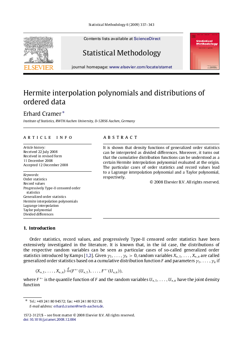 Hermite interpolation polynomials and distributions of ordered data