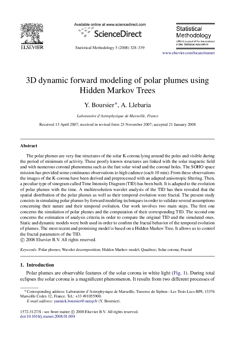 3D dynamic forward modeling of polar plumes using Hidden Markov Trees