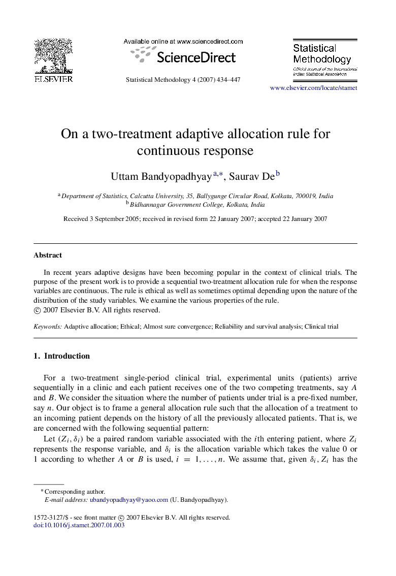 On a two-treatment adaptive allocation rule for continuous response