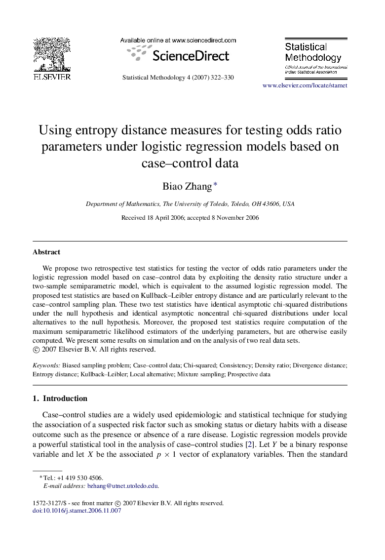 Using entropy distance measures for testing odds ratio parameters under logistic regression models based on case–control data